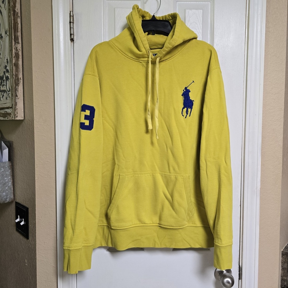 Polo Ralph Lauren Hoodie Mens XL Yellow Big Pony Logo #3 Pullover Sweatshirt